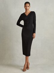 Reiss Black Dionne Jersey Wrap Front Midi Dress - Image 4 of 5