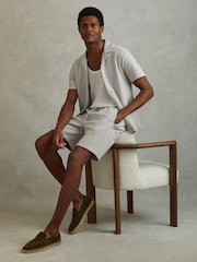 Reiss Light Grey Penbrook Cotton Blend Jacquard Drawstring Shorts - Image 1 of 6