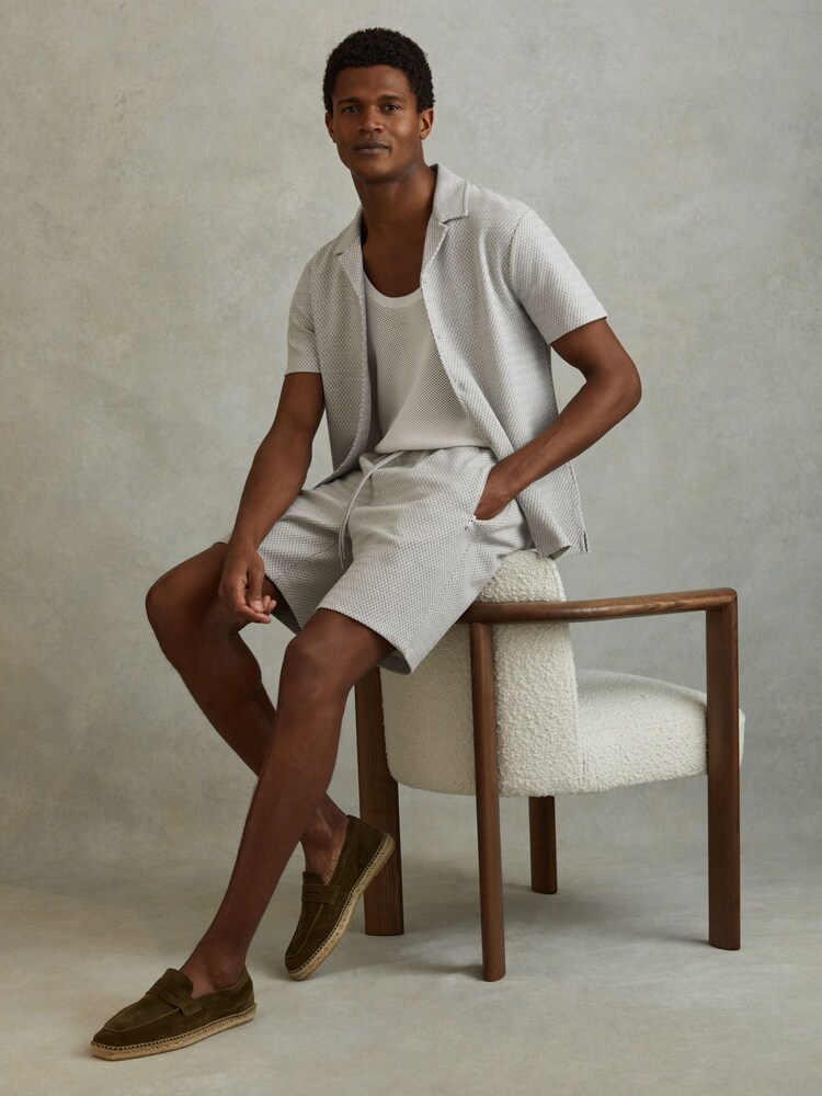 Reiss Light Grey Penbrook Cotton Blend Jacquard Drawstring Shorts - Image 1 of 6