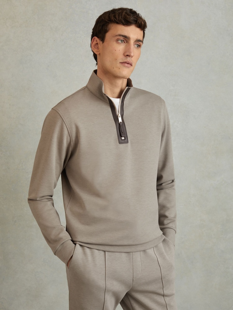 Reiss Taupe Hale Contrast Half-Zip Funnel Neck Jumper - Image 1 of 5