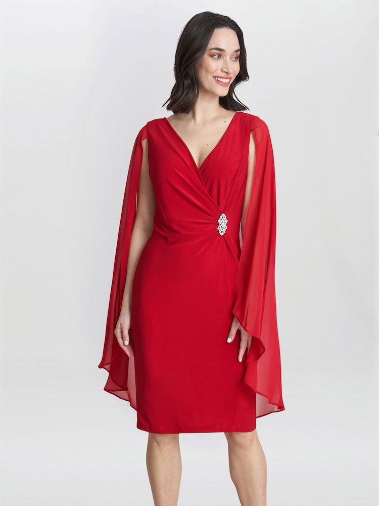 Gina Bacconi Red Lisa Chiffon Cape Dress - Image 2 of 6