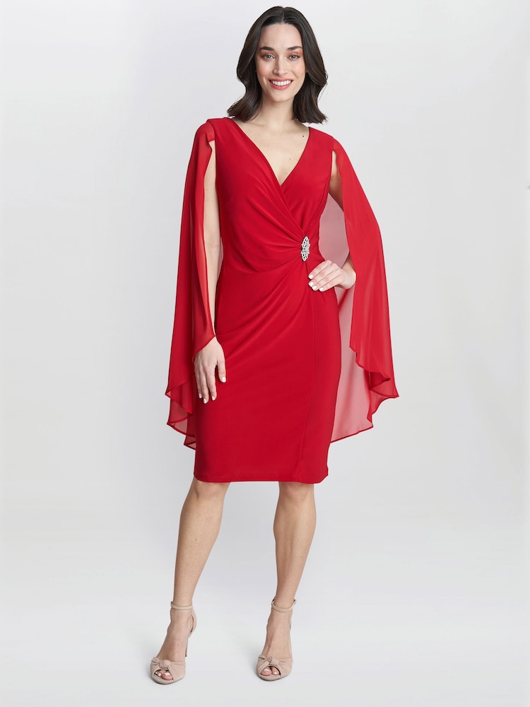 Gina Bacconi Red Lisa Chiffon Cape Dress - Image 4 of 6