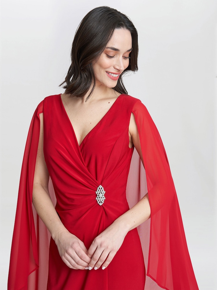 Gina Bacconi Red Lisa Chiffon Cape Dress - Image 5 of 6