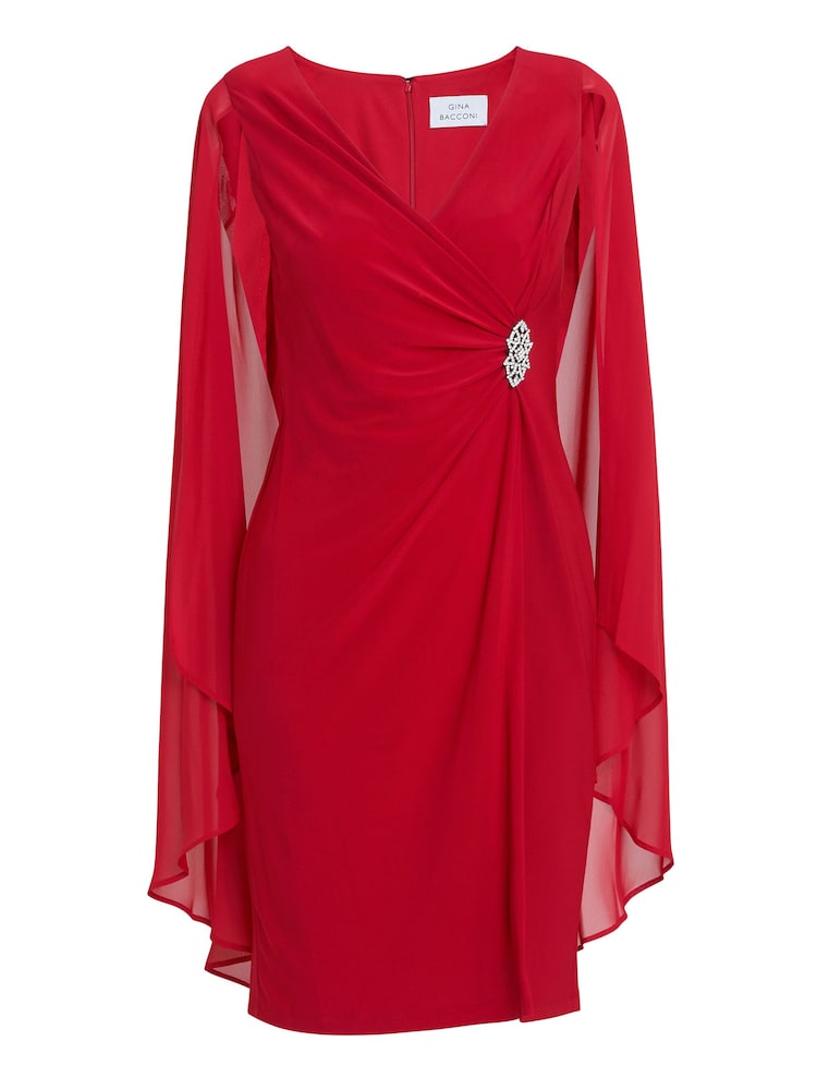 Gina Bacconi Red Lisa Chiffon Cape Dress - Image 6 of 6