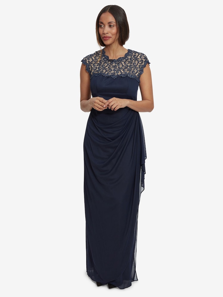 Gina Bacconi Blue Eleanor Maxi Mesh Dress With Metallic Lace & Cut-Out Back - Image 1 of 8