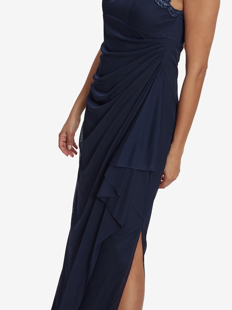 Gina Bacconi Blue Eleanor Maxi Mesh Dress With Metallic Lace & Cut-Out Back - Image 8 of 8