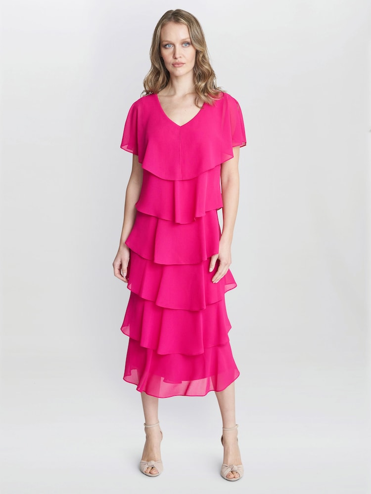 Gina Bacconi Rebecca Midi Tiered Dress With Shoulder Trim - Image 2 of 6 Gina Bacconi Rebecca Midi Tiered Dress With Shoulder Trim - Image 2 of 6