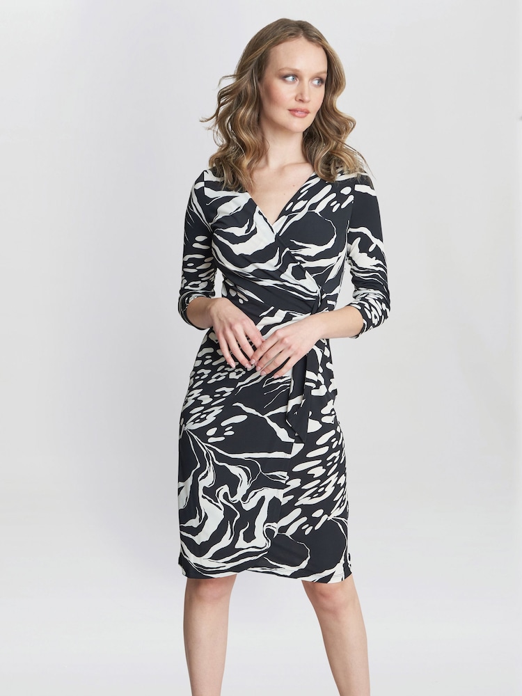 Gina Bacconi Bianca Printed Jersey Ruffle Black Dress - Image 1 of 5