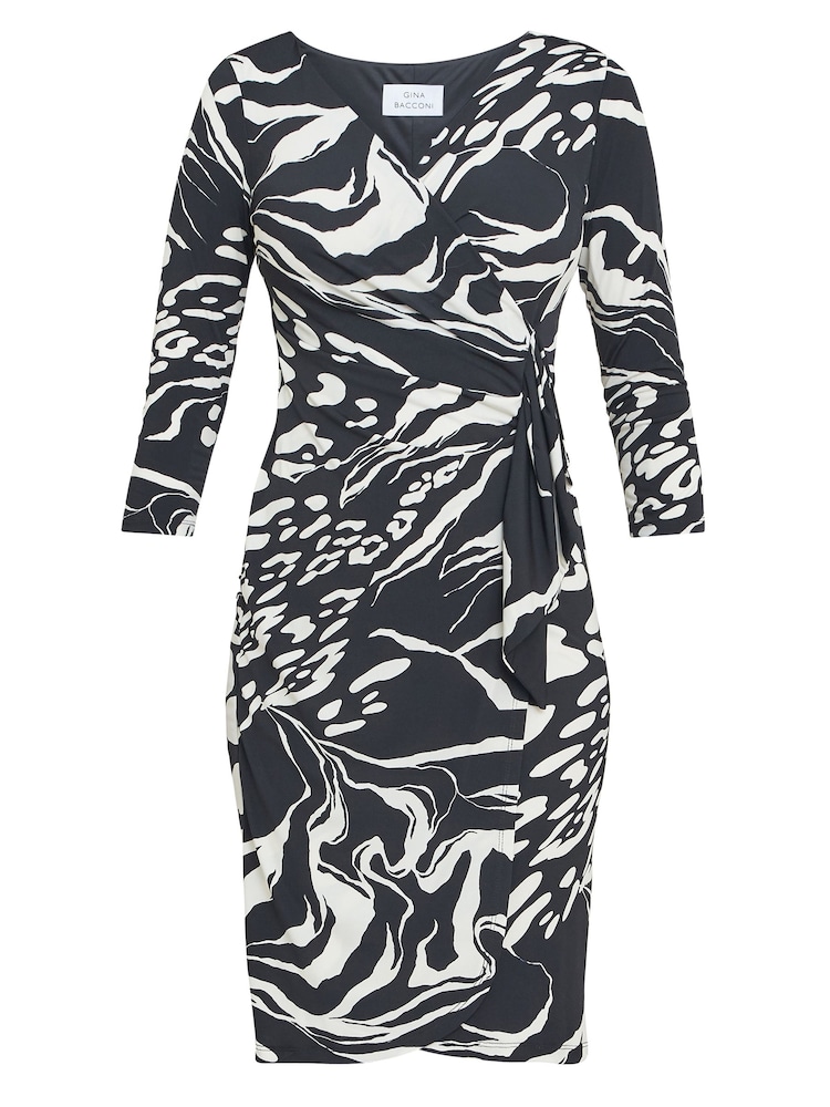 Gina Bacconi Bianca Printed Jersey Ruffle Black Dress - Image 5 of 5