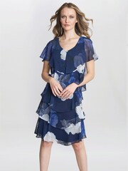 Gina Bacconi Blue Benita Printed V-Neck Tiered Dress With Embellishment - Image 1 of 5