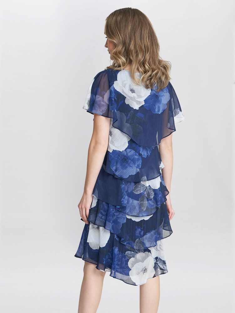 Gina Bacconi Blue Benita Printed V-Neck Tiered Dress With Embellishment - Image 2 of 5