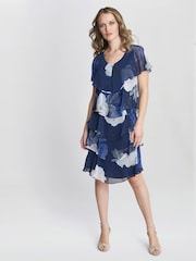 Gina Bacconi Blue Benita Printed V-Neck Tiered Dress With Embellishment - Image 3 of 5