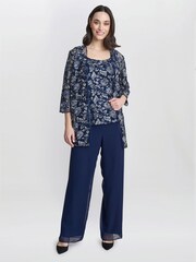Gina Bacconi Blue Nikki 3 Piece Trousers Suit: With Embroidered Tank Top And Elongated Jacket - Image 1 of 6