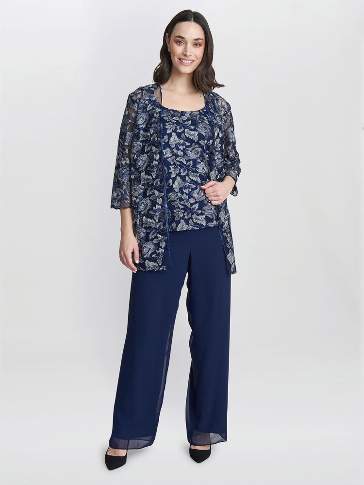 Gina Bacconi Blue Nikki 3 Piece Trousers Suit: With Embroidered Tank Top And Elongated Jacket - Image 1 of 6 Gina Bacconi Blue Nikki 3 Piece Trousers Suit: With Embroidered Tank Top And Elongated Jacket - Image 1 of 6
