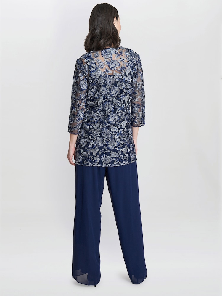 Gina Bacconi Blue Nikki 3 Piece Trousers Suit: With Embroidered Tank Top And Elongated Jacket - Image 2 of 6