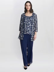 Gina Bacconi Blue Nikki 3 Piece Trousers Suit: With Embroidered Tank Top And Elongated Jacket - Image 3 of 6