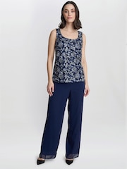 Gina Bacconi Blue Nikki 3 Piece Trousers Suit: With Embroidered Tank Top And Elongated Jacket - Image 4 of 6