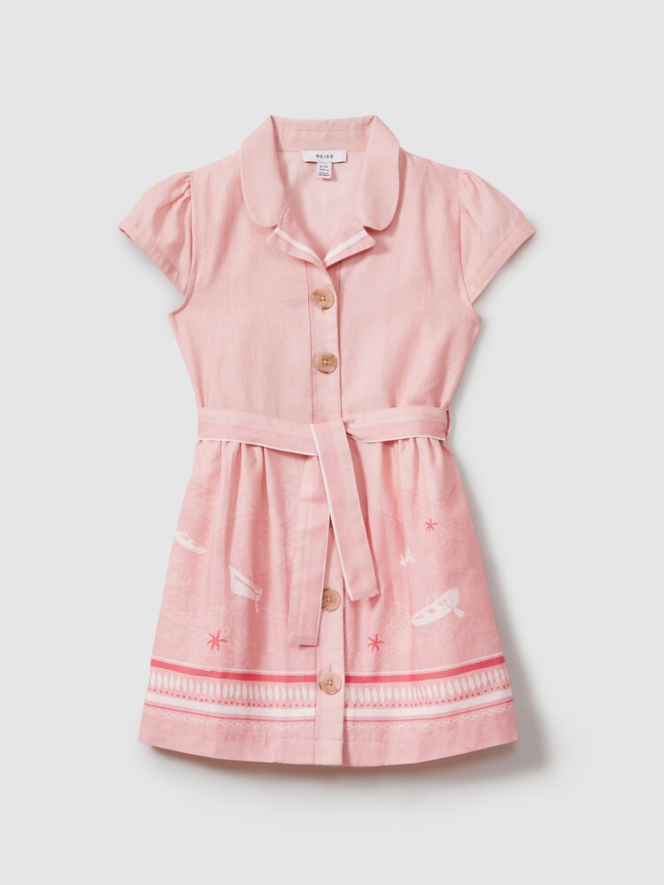 Reiss Pink Print Eliza 13-14 yrs Cotton-Linen Capped Sleeve Belted Dress - Image 1 of 4