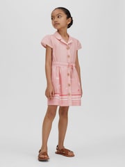 Reiss Pink Print Eliza 13-14 yrs Cotton-Linen Capped Sleeve Belted Dress - Image 2 of 4