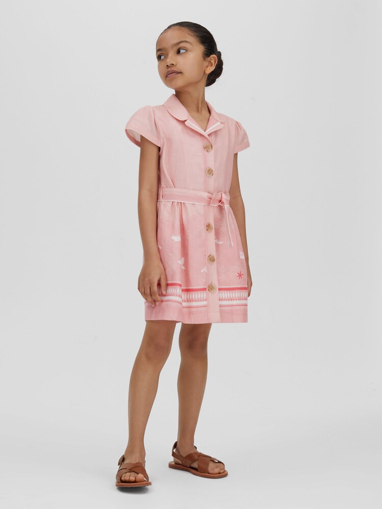 Reiss Pink Print Eliza 13-14 yrs Cotton-Linen Capped Sleeve Belted Dress - Image 2 of 4