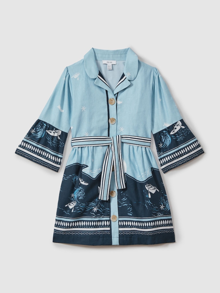 Reiss Blue Print Hettie 4-9 yrs Cotton-Linen Flared Sleeve Dress - Image 2 of 4 Reiss Blue Print Hettie 4-9 yrs Cotton-Linen Flared Sleeve Dress - Image 2 of 4