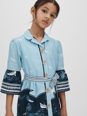Reiss Blue Print Hettie 4-9 yrs Cotton-Linen Flared Sleeve Dress - Image 3 of 4