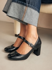 Black Standard/Wide Fit Forever Comfort® Brogue Round Toe Block Heel Court Shoes - Image 2 of 7
