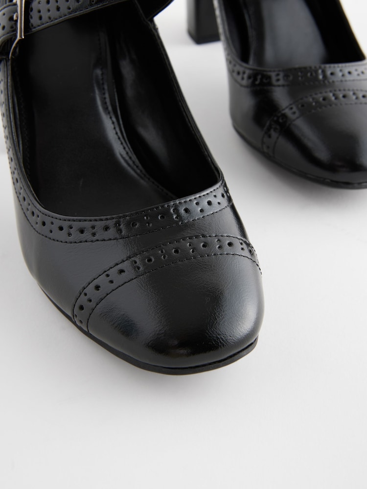 Black Standard/Wide Fit Forever Comfort® Brogue Round Toe Block Heel Court Shoes - Image 7 of 7