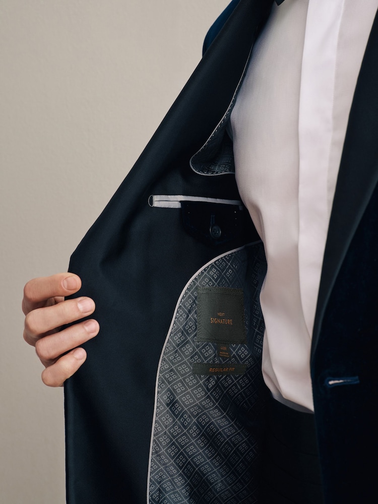 Navy Blue Regular Fit Signature Pontoglio Italian Fabric Velvet Blazer - Image 4 of 9