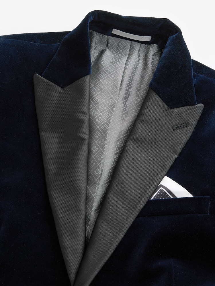 Navy Blue Regular Fit Signature Pontoglio Italian Fabric Velvet Blazer - Image 7 of 9