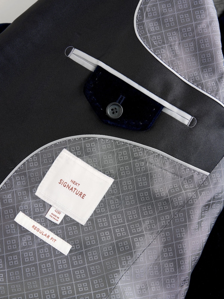 Navy Blue Regular Fit Signature Pontoglio Italian Fabric Velvet Blazer - Image 8 of 9