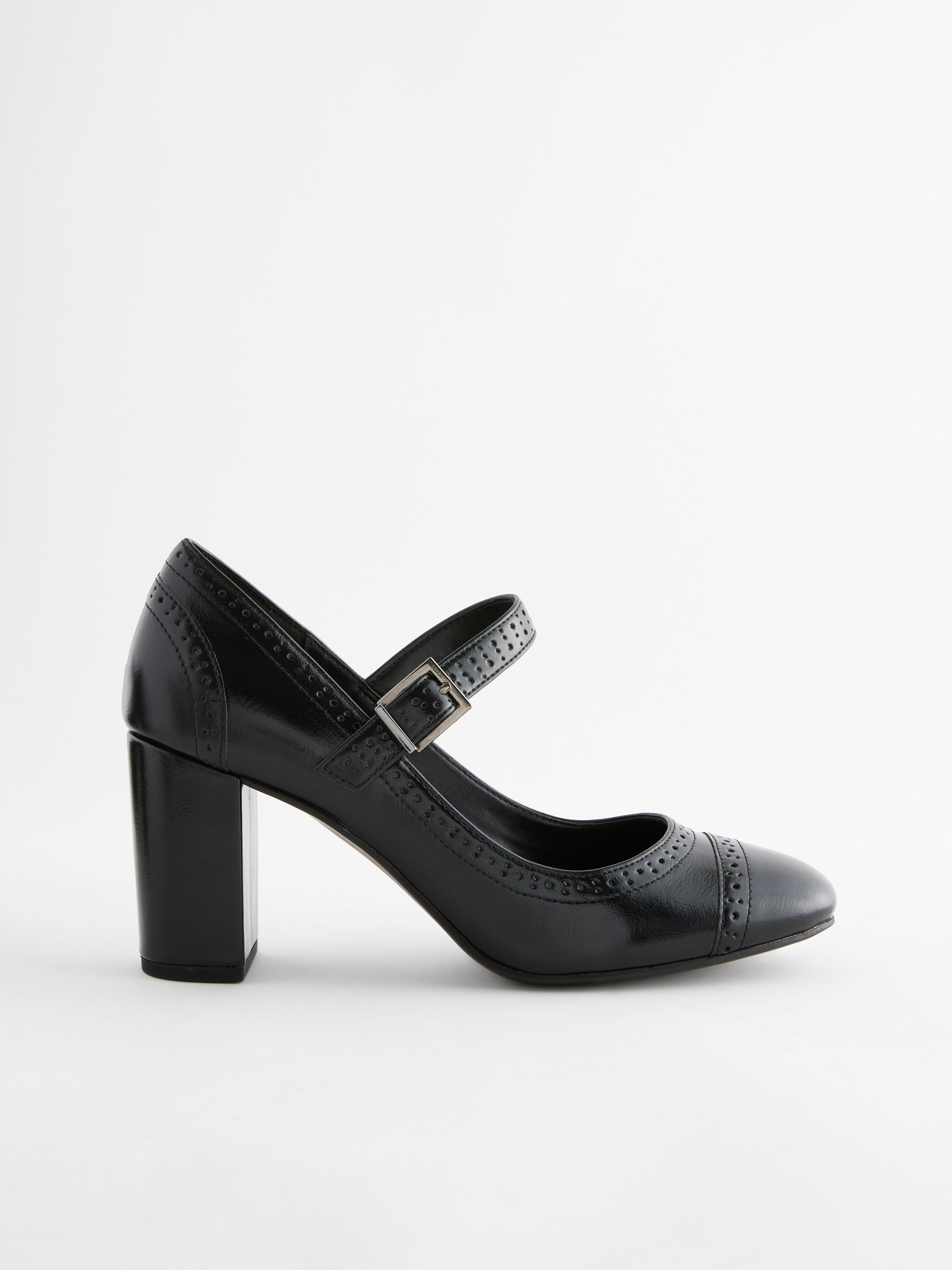 Buy Black Extra Wide Fit Brogue Round Toe Block Heel Court Shoes from