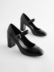 Black Extra Wide Fit Forever Comfort® Brogue Round Toe Block Heel Court Shoes - Image 1 of 5