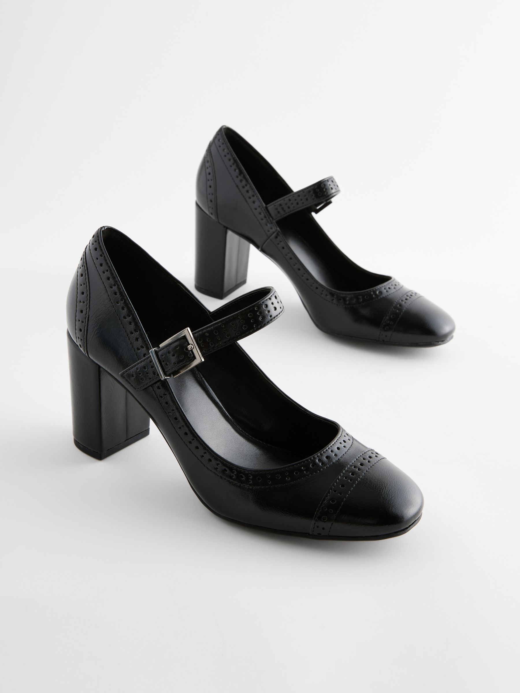 Buy Black Extra Wide Fit Brogue Round Toe Block Heel Court Shoes from