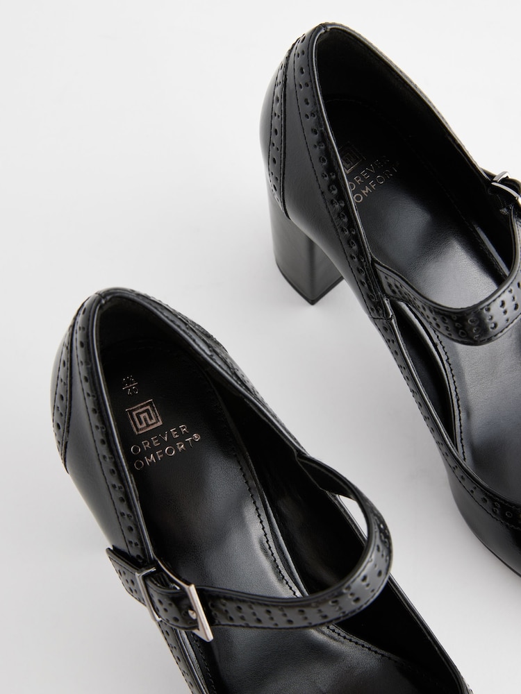 Black Extra Wide Fit Forever Comfort® Brogue Round Toe Block Heel Court Shoes - Image 5 of 5