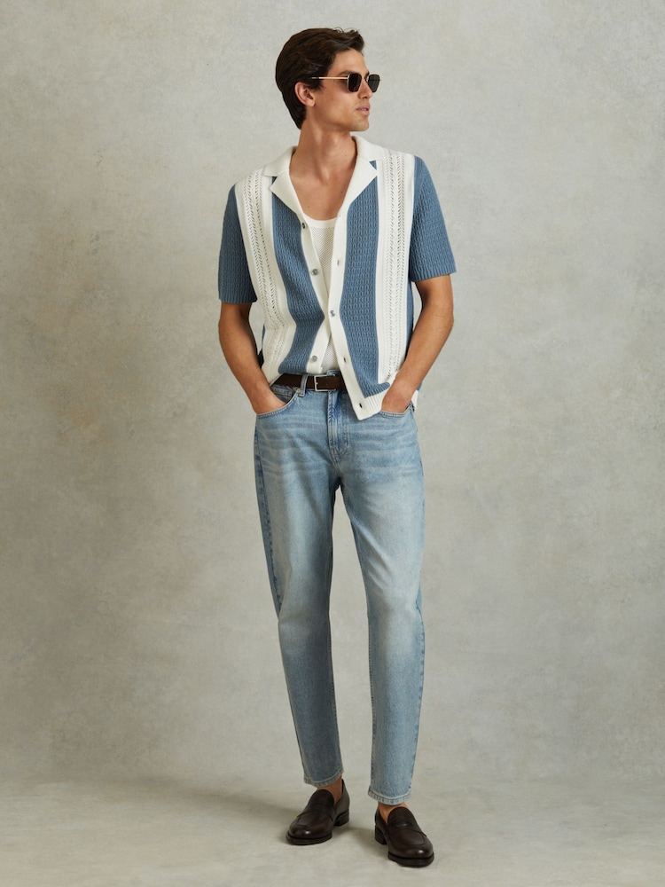 Reiss Blue/White Nicoli Crochet Striped Cuban Collar Shirt - Image 1 of 5