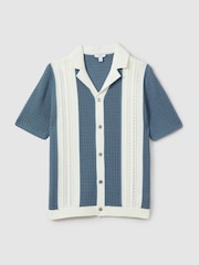 Reiss Blue/White Nicoli Crochet Striped Cuban Collar Shirt - Image 2 of 5