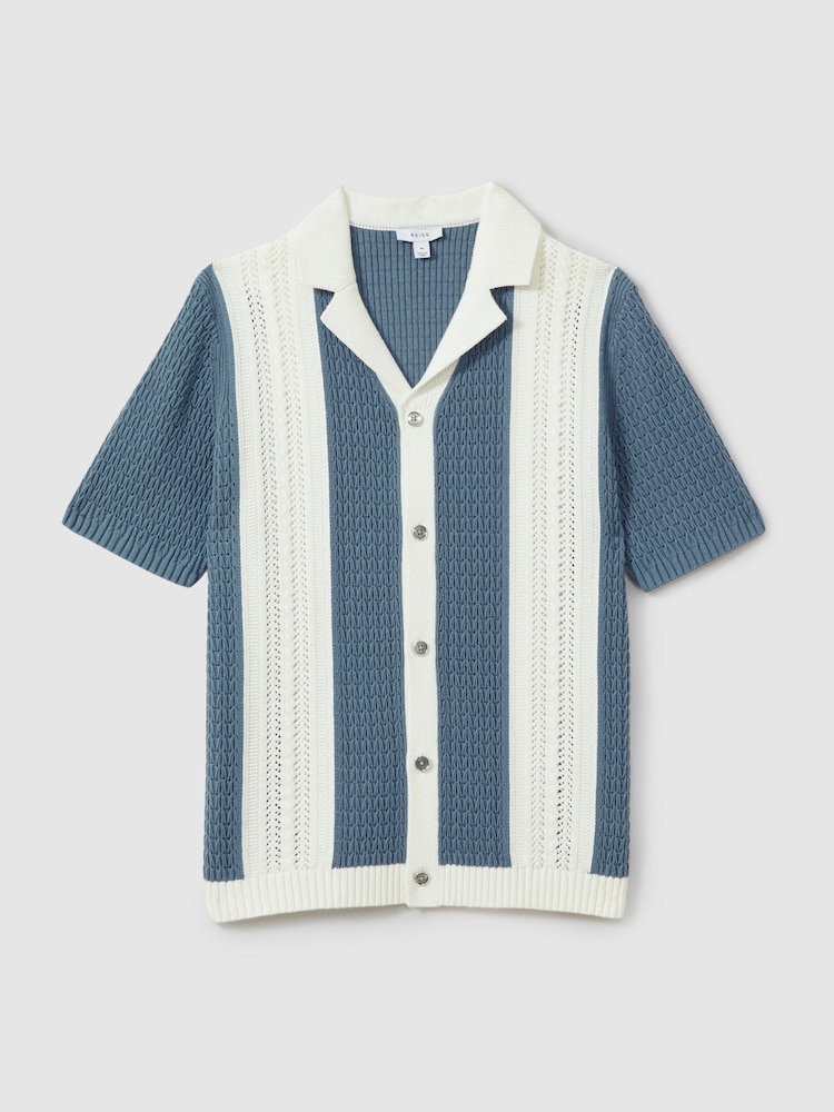 Reiss Blue/White Nicoli Crochet Striped Cuban Collar Shirt - Image 2 of 5