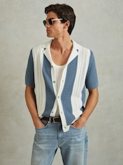 Reiss Blue/White Nicoli Crochet Striped Cuban Collar Shirt - Image 3 of 5