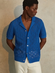 Reiss Bright Blue Corsica Crochet Cuban Collar Shirt - Image 1 of 6