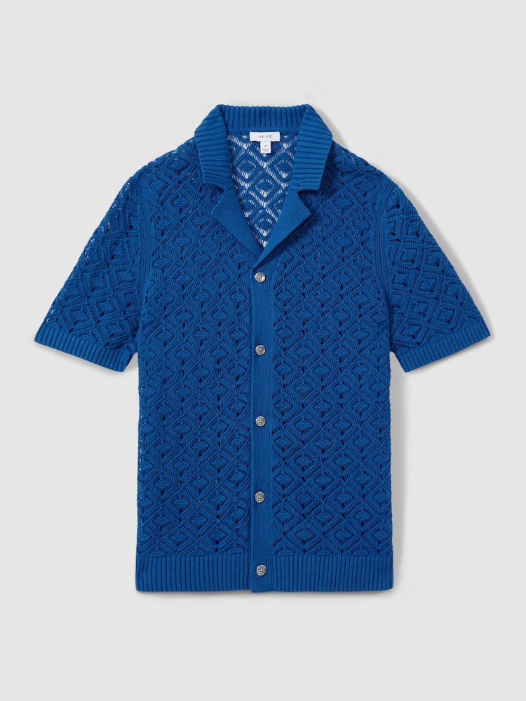 Reiss Bright Blue Corsica Crochet Cuban Collar Shirt - Image 2 of 6 Reiss Bright Blue Corsica Crochet Cuban Collar Shirt - Image 2 of 6