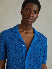 Reiss Bright Blue Corsica Crochet Cuban Collar Shirt - Image 4 of 6