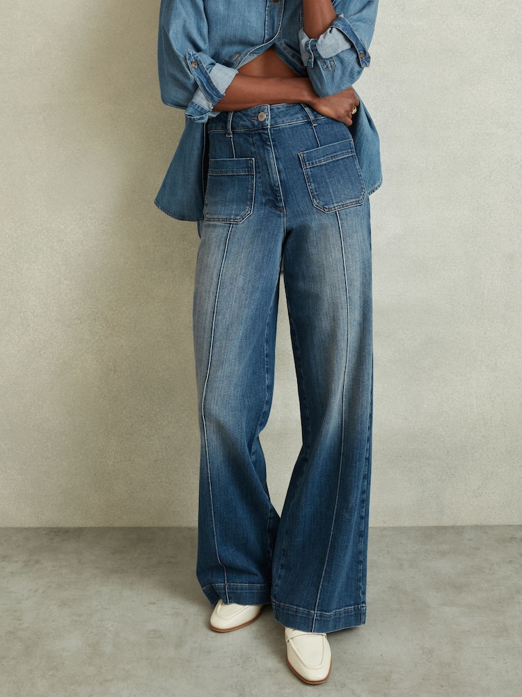 Reiss Mid Blue Kira Front Pocket Wide Leg Jeans - Image 1 of 6
