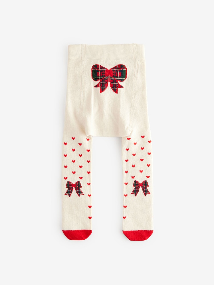 Ecru Cream/Red Hearts And Bow Christmas Bow Baby Tights (0mths-2yrs) - Image 1 of 3