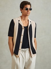 Reiss Navy/Stone Nicoli Crochet Striped Cuban Collar 100% Cotton Shirt - Image 1 of 5