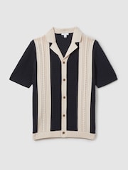 Reiss Navy/Stone Nicoli Crochet Striped Cuban Collar 100% Cotton Shirt - Image 2 of 5