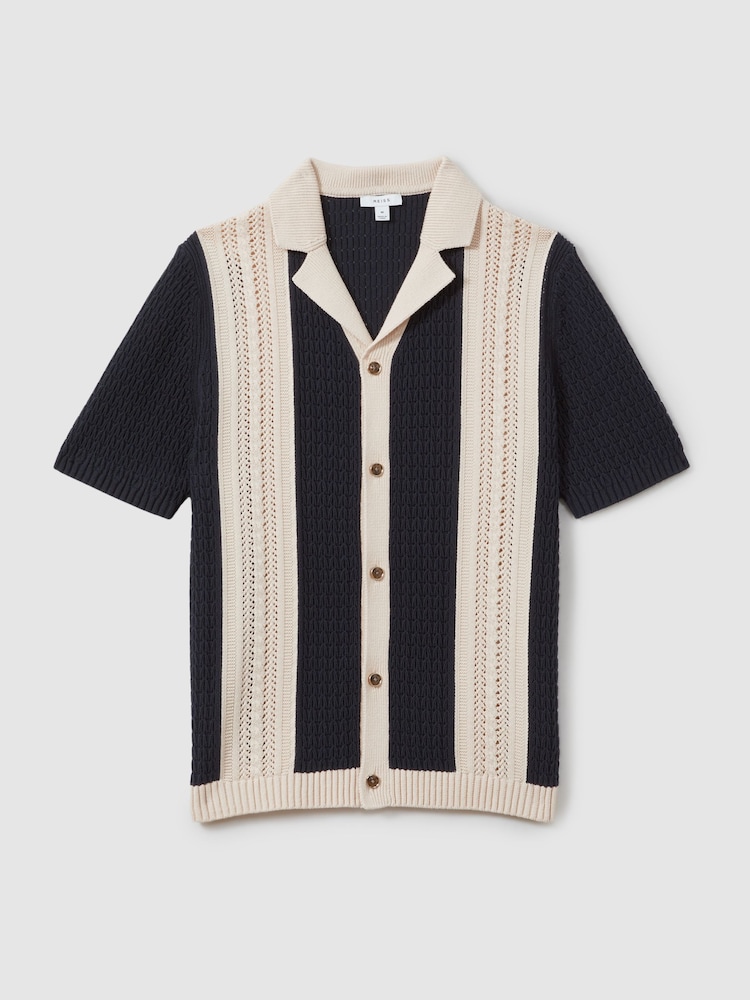 Reiss Navy/Stone Nicoli Crochet Striped Cuban Collar 100% Cotton Shirt - Image 2 of 5