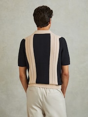 Reiss Navy/Stone Nicoli Crochet Striped Cuban Collar 100% Cotton Shirt - Image 4 of 5