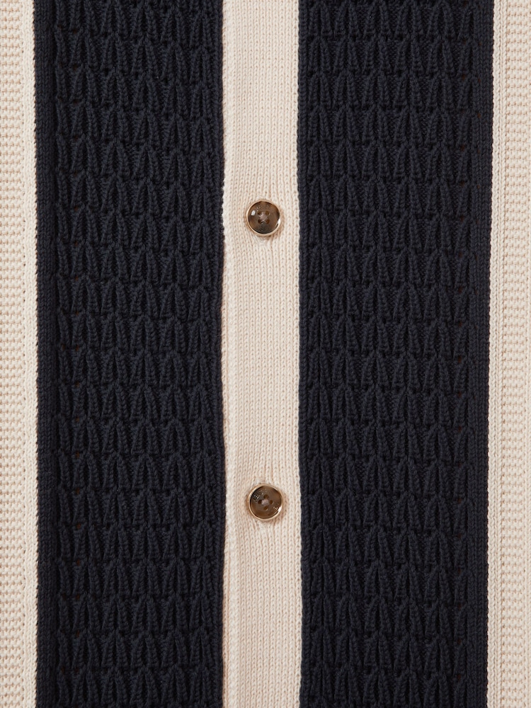 Reiss Navy/Stone Nicoli Crochet Striped Cuban Collar 100% Cotton Shirt - Image 5 of 5