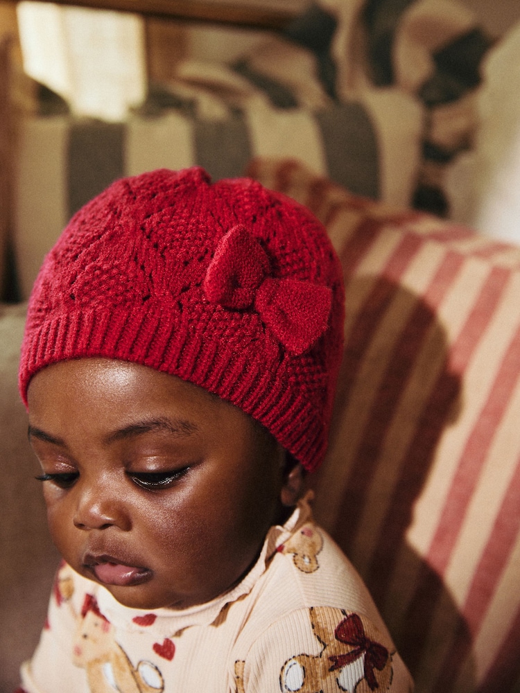Красный - Baby Pointelle Knitted Beanie (0mths-2yrs) - Изображение 2 из 4